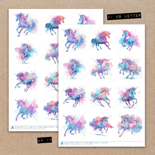 A4 and US Letter format comparison showing Rainbow Watercolour Unicorn fussy cut pages for print and cut crafting