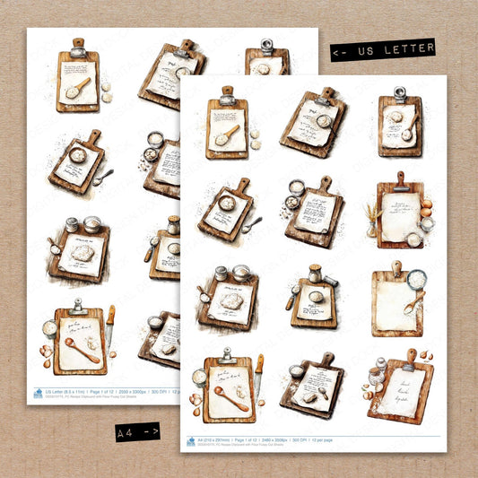 A4 and US Letter format comparison showing Recipe Clipboard with Flour fussy cut pages for print and cut crafting