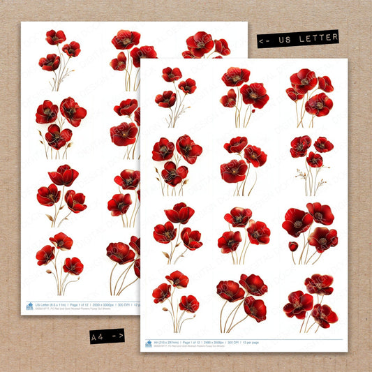 A4 and US Letter format comparison showing Red and Gold Abstract Flowers fussy cut pages for print and cut crafting