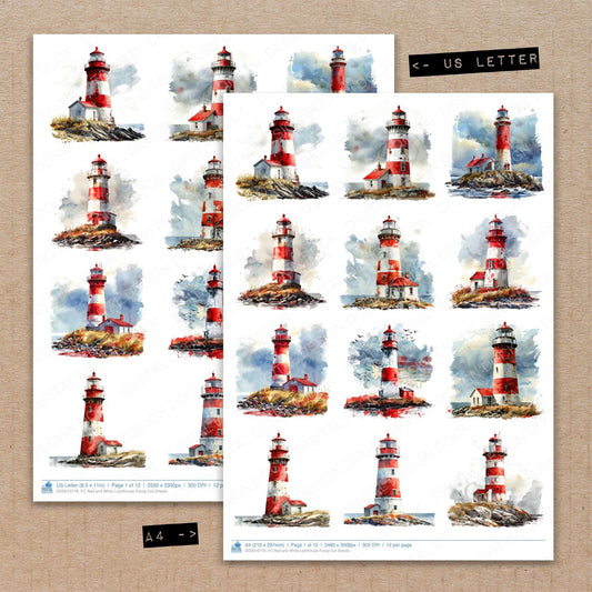A4 and US Letter format comparison showing Red and White Lighthouse fussy cut pages for print and cut crafting