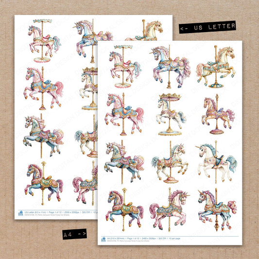 A4 and US Letter format comparison showing Retro Carousel Horse fussy cut pages for print and cut crafting