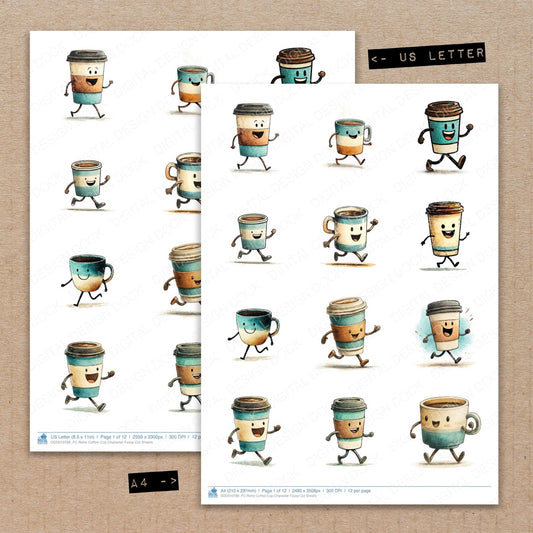 A4 and US Letter format comparison showing Retro Coffee Cup Character fussy cut pages for print and cut crafting