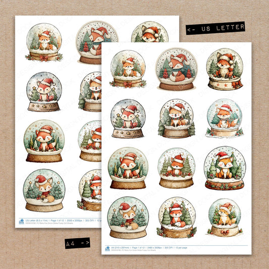 A4 and US Letter format comparison showing Retro Fox Snow Globe fussy cut pages for print and cut crafting