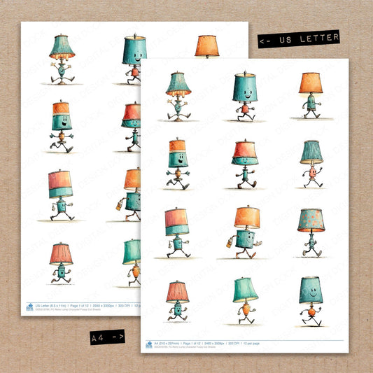A4 and US Letter format comparison showing Retro Lamp Character fussy cut pages for print and cut crafting