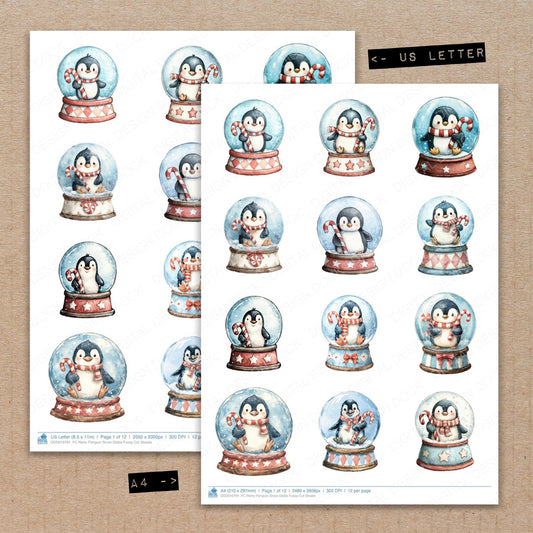 A4 and US Letter format comparison showing Retro Penguin Snow Globe fussy cut pages for print and cut crafting