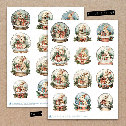 A4 and US Letter format comparison showing Retro Rabbit Snow Globe fussy cut pages for print and cut crafting