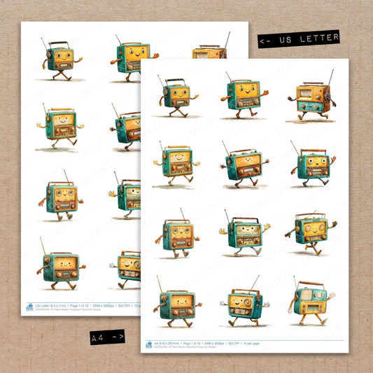 A4 and US Letter format comparison showing Retro Radio Character fussy cut pages for print and cut crafting