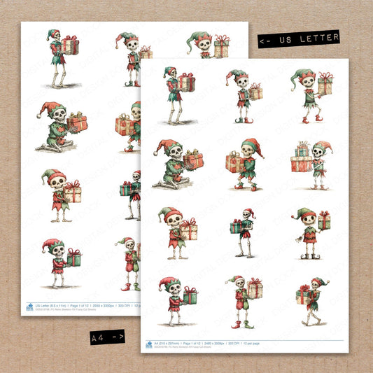 A4 and US Letter format comparison showing Retro Skeleton Elf fussy cut pages for print and cut crafting
