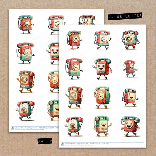 A4 and US Letter format comparison showing Retro Telephone Character fussy cut pages for print and cut crafting