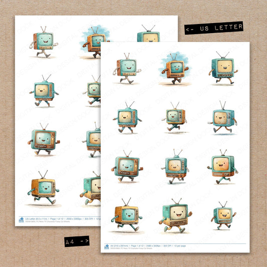 A4 and US Letter format comparison showing Retro TV Character fussy cut pages for print and cut crafting