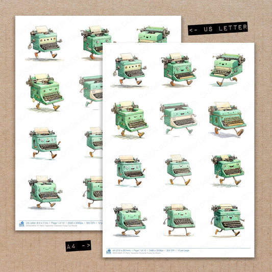 A4 and US Letter format comparison showing Retro Typewriter Character fussy cut pages for print and cut crafting