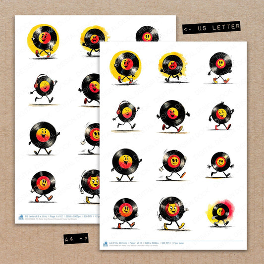 A4 and US Letter format comparison showing Retro Vinyl Record Character fussy cut pages for print and cut crafting