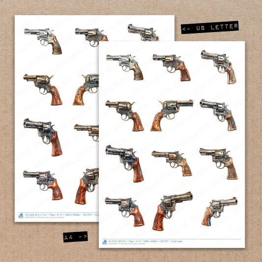 A4 and US Letter format comparison showing Revolver Gun fussy cut pages for print and cut crafting