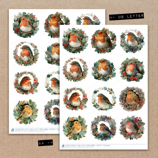 A4 and US Letter format comparison showing Robin in Christmas Wreath fussy cut pages for print and cut crafting