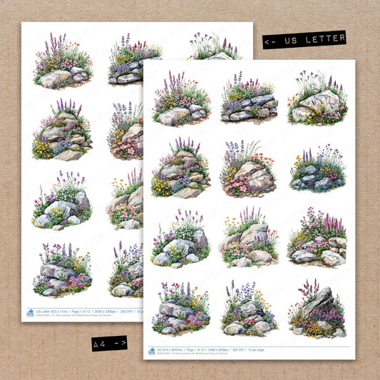 A4 and US Letter format comparison showing Rock Garden with Wildflowers fussy cut pages for print and cut crafting