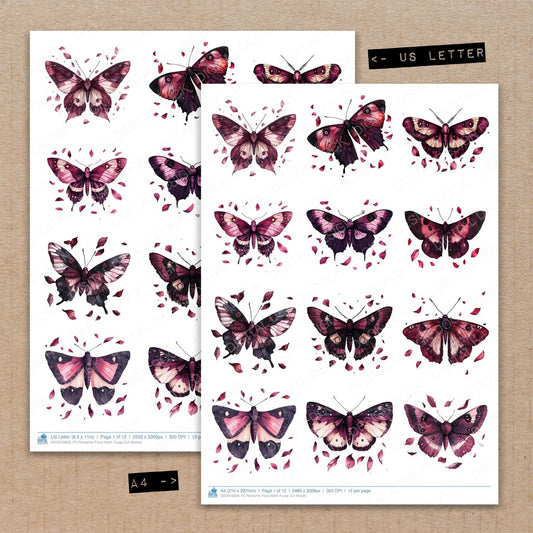 A4 and US Letter format comparison showing Romantic Floral Moth fussy cut pages for print and cut crafting