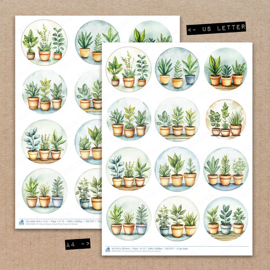 A4 and US Letter format comparison showing Round Design House Plants fussy cut pages for print and cut crafting