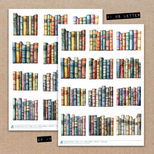 A4 and US Letter format comparison showing Row of Colourful Books fussy cut pages for print and cut crafting