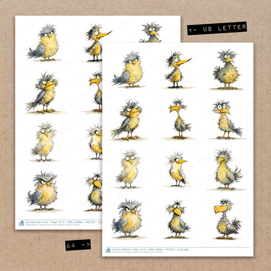 A4 and US Letter format comparison showing Ruffled Feather Bird Character fussy cut pages for print and cut crafting