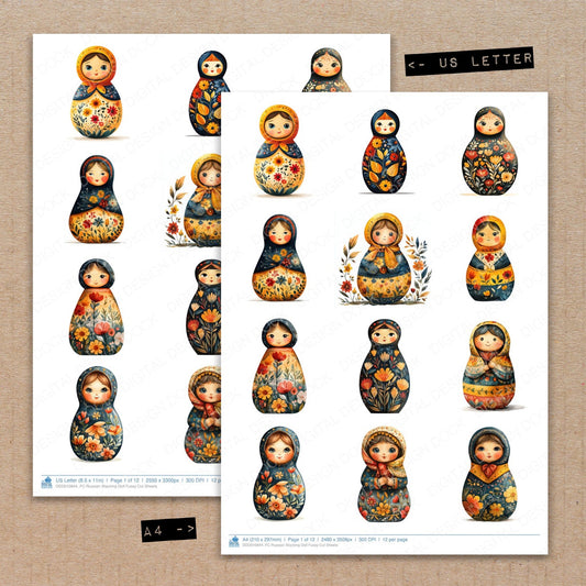 A4 and US Letter format comparison showing Russian Stacking Doll fussy cut pages for print and cut crafting
