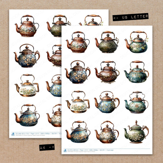 A4 and US Letter format comparison showing Rustic Engraved Teapot fussy cut pages for print and cut crafting