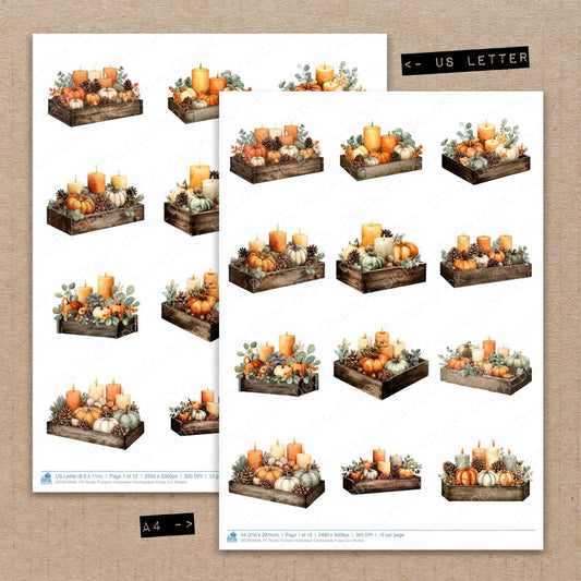 A4 and US Letter format comparison showing Rustic Pumpkin Halloween Centrepiece fussy cut pages for print and cut crafting