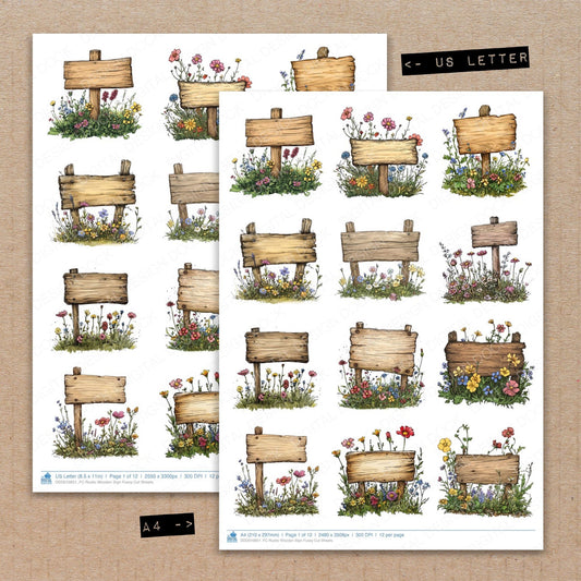 A4 and US Letter format comparison showing Rustic Wooden Sign fussy cut pages for print and cut crafting