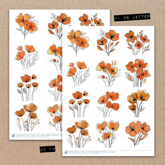 A4 and US Letter format comparison showing Rusty Orange Abstract Flowers fussy cut pages for print and cut crafting