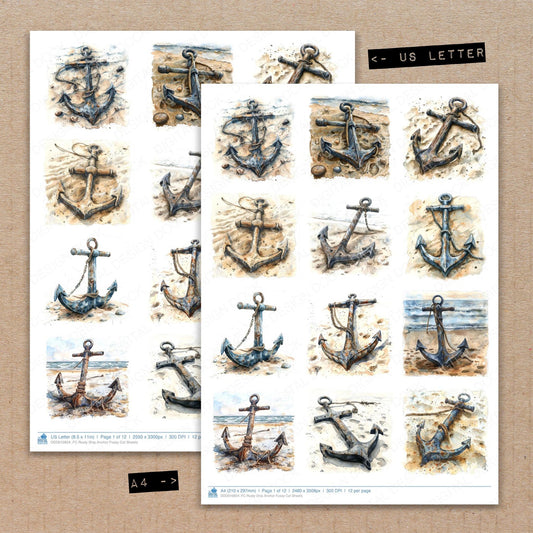 A4 and US Letter format comparison showing Rusty Ship Anchor fussy cut pages for print and cut crafting