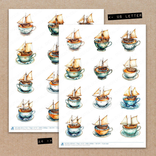 A4 and US Letter format comparison showing Sailing Teacup Scene fussy cut pages for print and cut crafting