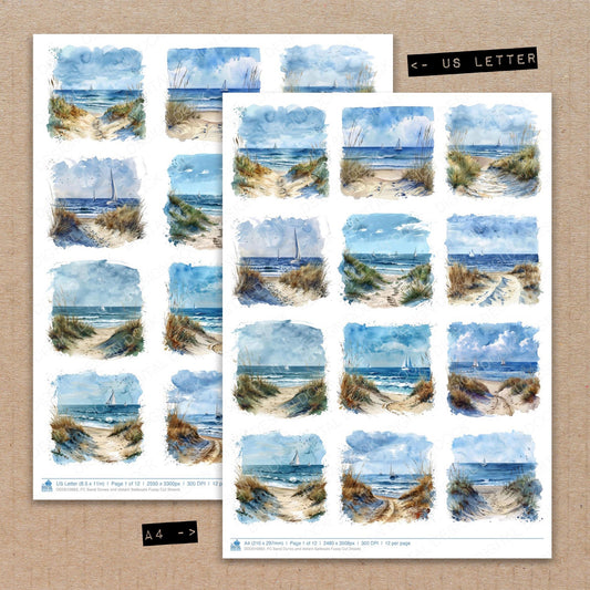A4 and US Letter format comparison showing Sand Dunes and distant Sailboats fussy cut pages for print and cut crafting