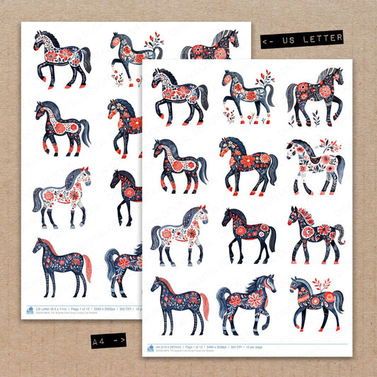 A4 and US Letter format comparison showing Scandi Folk Horse fussy cut pages for print and cut crafting