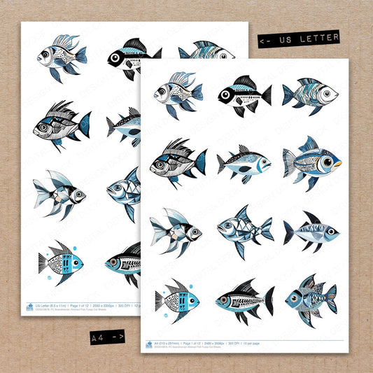 A4 and US Letter format comparison showing Scandinavian Abstract Fish fussy cut pages for print and cut crafting