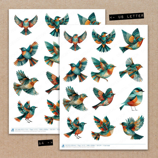 A4 and US Letter format comparison showing Scandinavian Bird Geometric fussy cut pages for print and cut crafting
