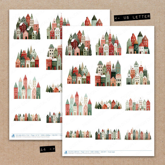 A4 and US Letter format comparison showing Scandinavian Christmas Houses fussy cut pages for print and cut crafting