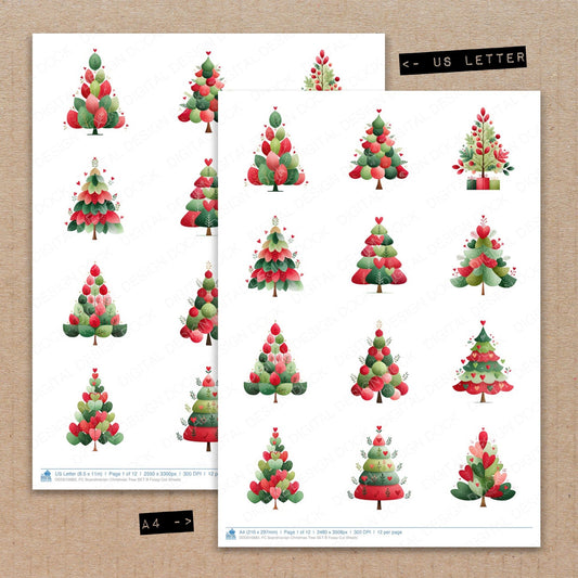 A4 and US Letter format comparison showing Scandinavian Christmas Tree B fussy cut pages for print and cut crafting