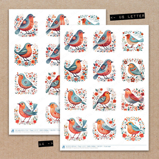 A4 and US Letter format comparison showing Scandinavian Floral Bird Illustration fussy cut pages for print and cut crafting