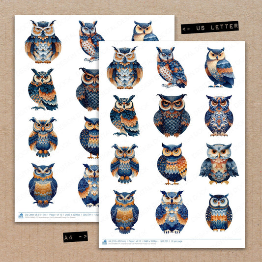 A4 and US Letter format comparison showing Scandinavian Owl Patterned fussy cut pages for print and cut crafting