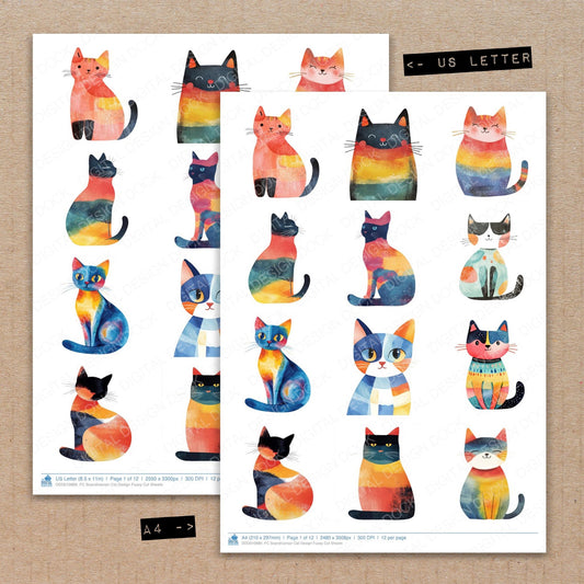 A4 and US Letter format comparison showing Scandivanian Cat Design fussy cut pages for print and cut crafting
