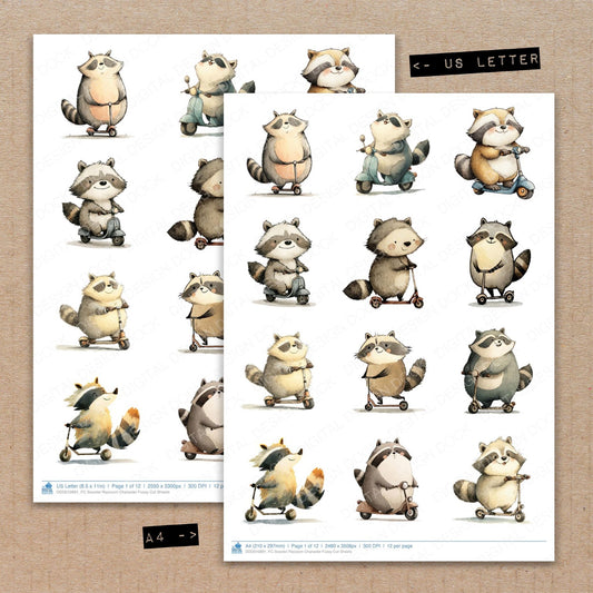 A4 and US Letter format comparison showing Scooter Raccoon Character fussy cut pages for print and cut crafting