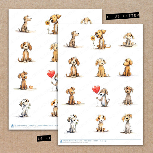 A4 and US Letter format comparison showing Scruffy Dog Cartoon fussy cut pages for print and cut crafting