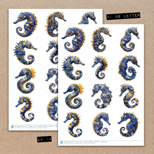A4 and US Letter format comparison showing Sea Horse Baroque Blue and Gold fussy cut pages for print and cut crafting