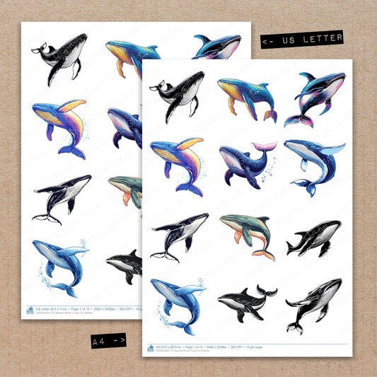 A4 and US Letter format comparison showing Serene Whale fussy cut pages for print and cut crafting
