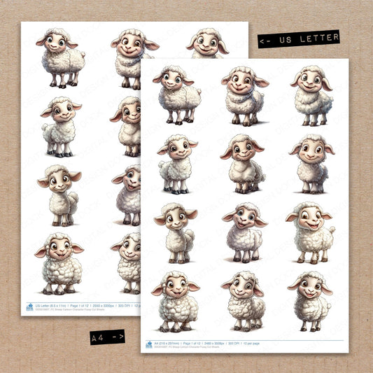 A4 and US Letter format comparison showing Sheep Cartoon Character fussy cut pages for print and cut crafting