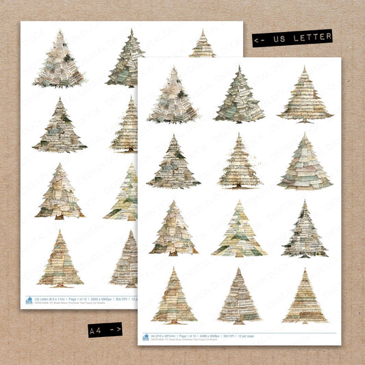 A4 and US Letter format comparison showing Sheet Music Christmas Tree fussy cut pages for print and cut crafting
