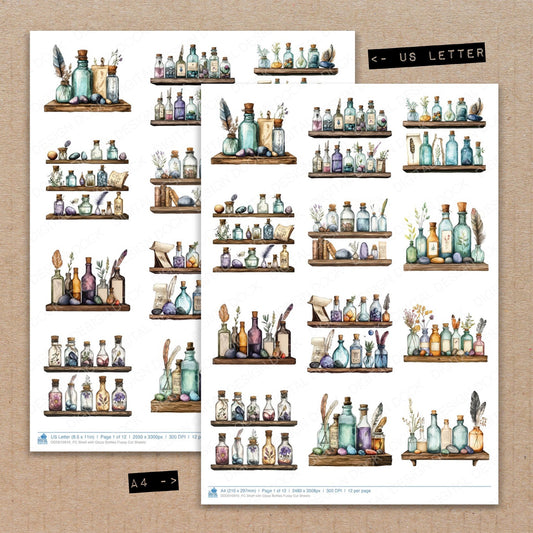 A4 and US Letter format comparison showing Shelf with Glass Bottles fussy cut pages for print and cut crafting