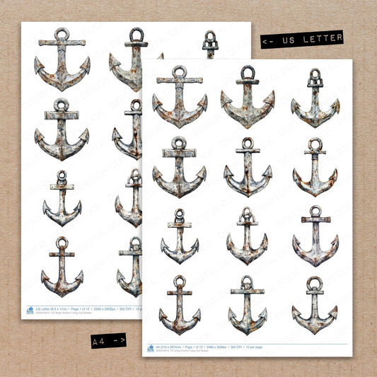 A4 and US Letter format comparison showing Ships Anchor fussy cut pages for print and cut crafting