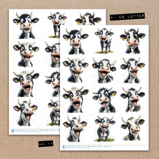 A4 and US Letter format comparison showing Silly Cow Cartoon fussy cut pages for print and cut crafting