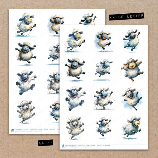 A4 and US Letter format comparison showing Silly Sheep Character fussy cut pages for print and cut crafting