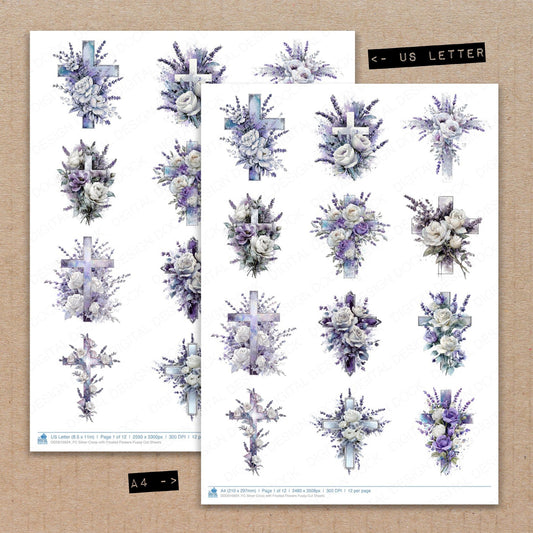 A4 and US Letter format comparison showing Silver Cross with Frosted Flowers fussy cut pages for print and cut crafting